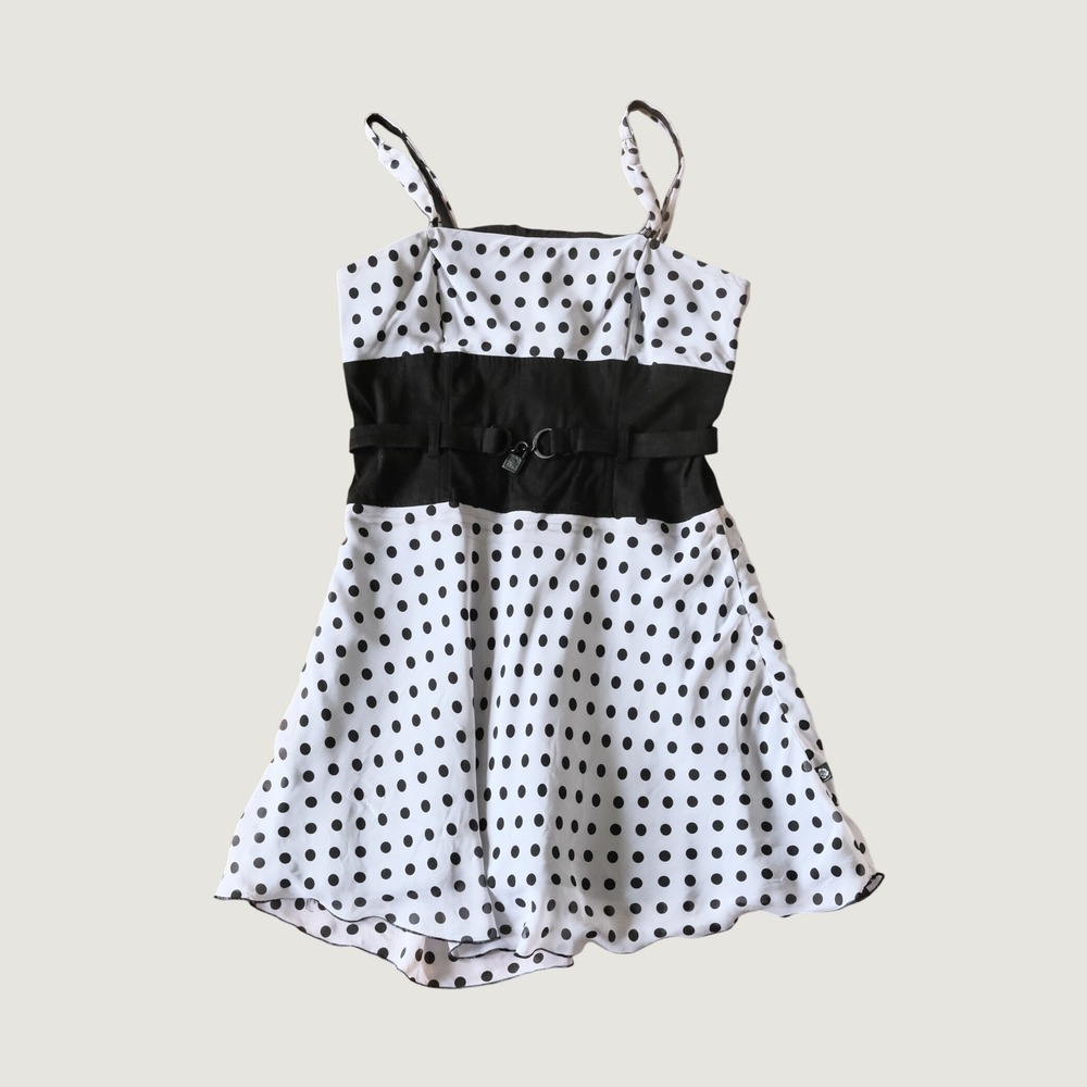 Tripp NYC Dress Polka Dot Belted Skull Lock White Black Large Goth Punk Retro L